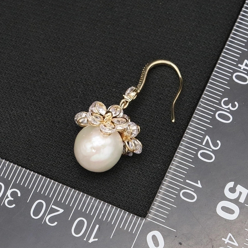 1 Pair 925 Sterling Silver Pearl Flower Drop Earrings