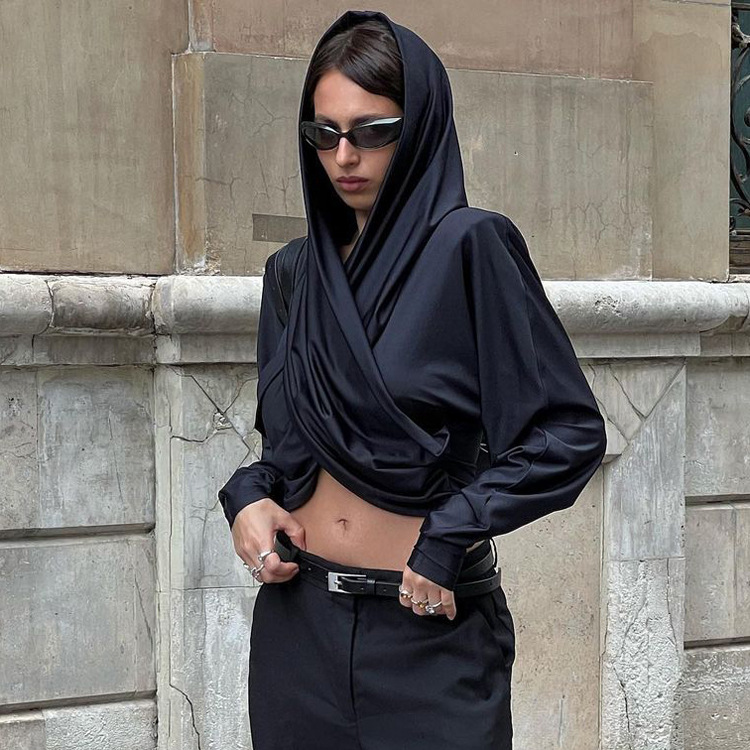 Ootddress Fashion Satin Hoodie Y2k Top For Women Long Sleeve Bandage Patchwork Solid Sexy Vintage Cropped Top Ladies Crop top Tee