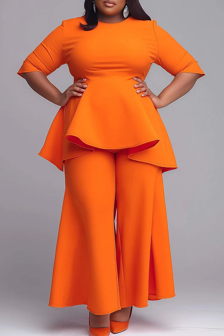 Xpluswear Design Plus Size Business Casual Orange Round Neck Half Sleeve Knitted Two Piece Pant Sets 