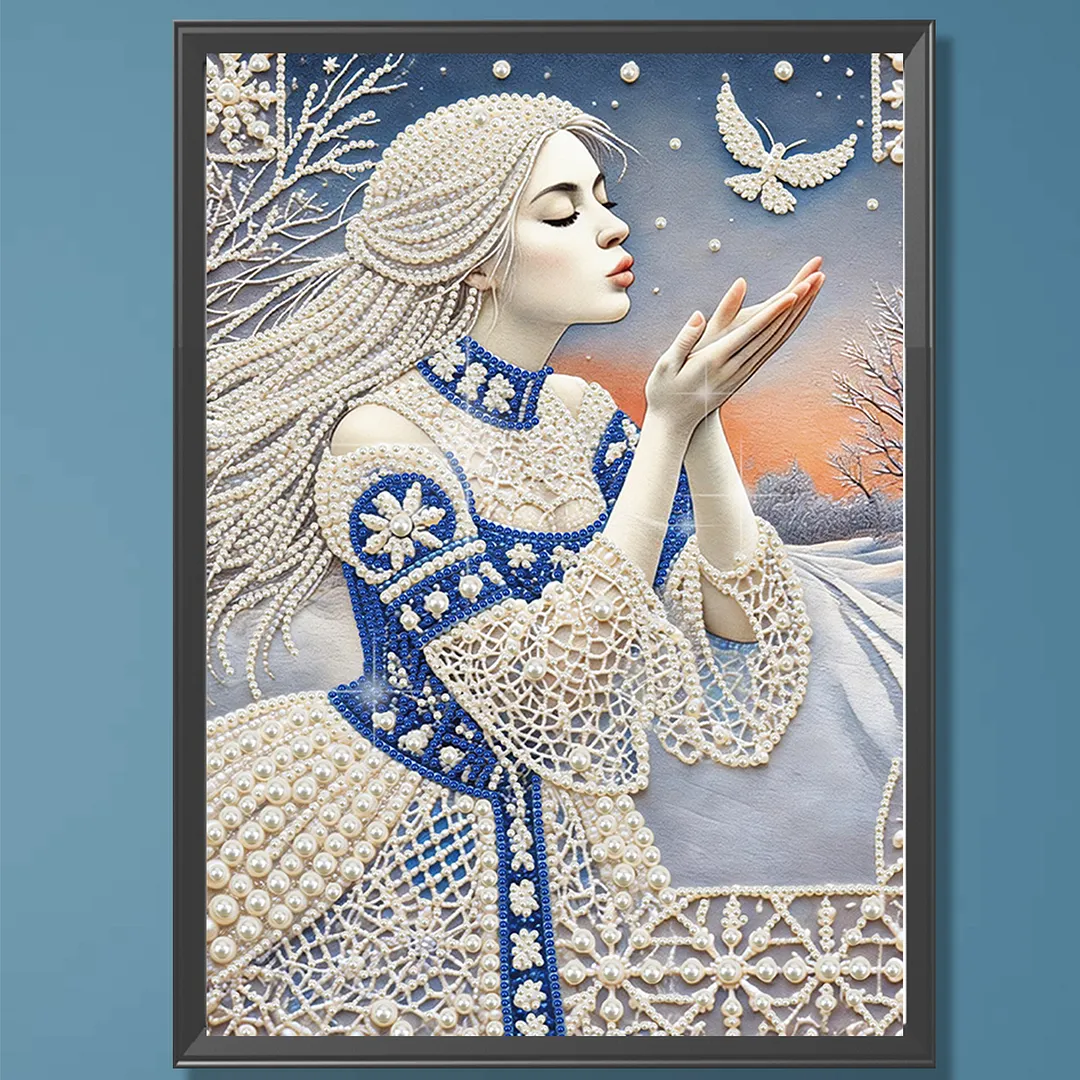 Winter Maiden Special Shaped DIY Partial Drill Pearl Diamonds Painting for Adults Beginners Home Decor Pearl Gem Paintings Picture Arts Craft 11.81x15.75In