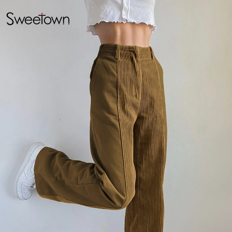 Sweetown Corduroy New Baggy Joggers Women Brown Patchwork Straight Trousers Neon Color Vintage 90s Aesthetic Streetwear Pants