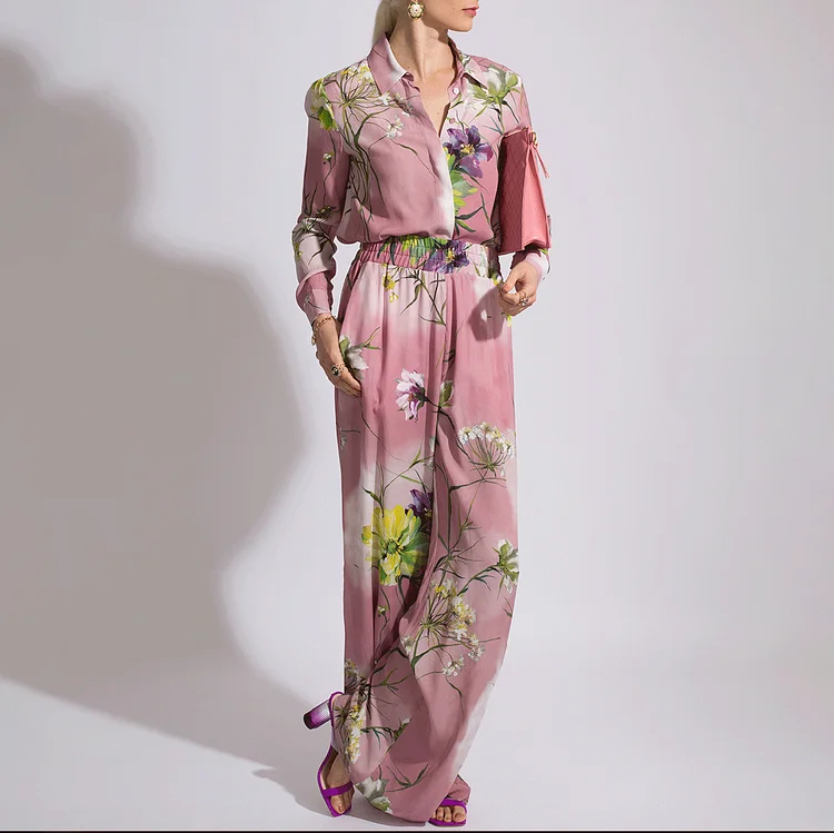 Fashion Botanical Floral Print Shirt Two-Piece Set