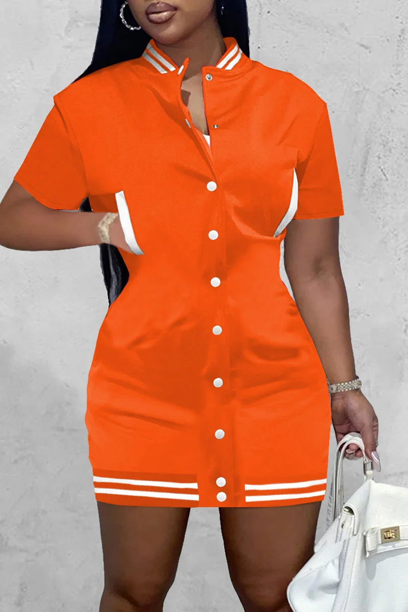 Tangerine Red Casual Solid Patchwork Pocket Buckle Dresses | EGEMISS