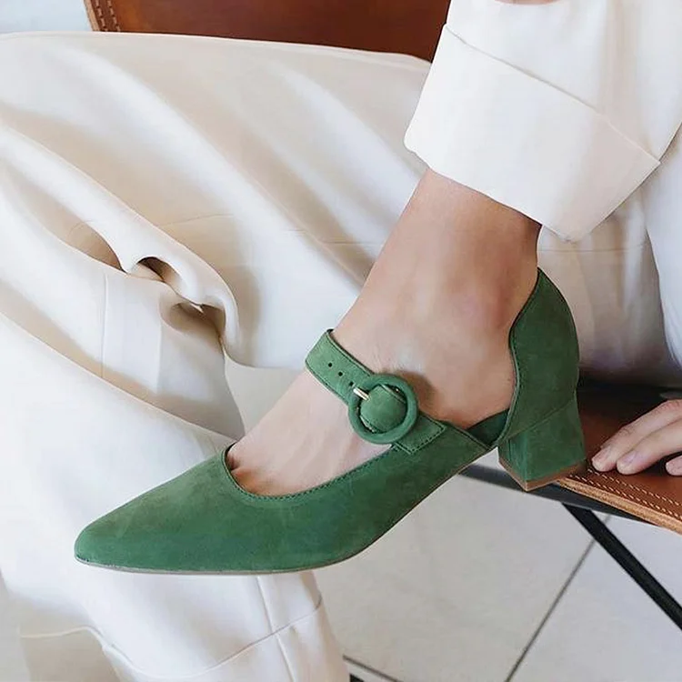 Green Vegan Suede Pointed Toe Mary Jane Pumps with Block Heels |FSJ Shoes