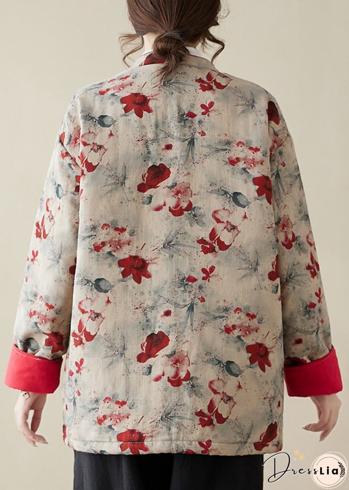 Vintage Print Button Pockets Thick Parka Stand Collar Winter