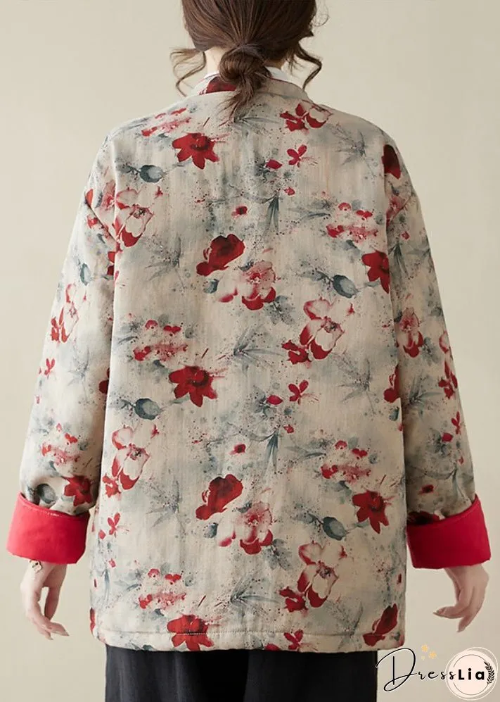 Vintage Print Button Pockets Thick Parka Stand Collar Winter