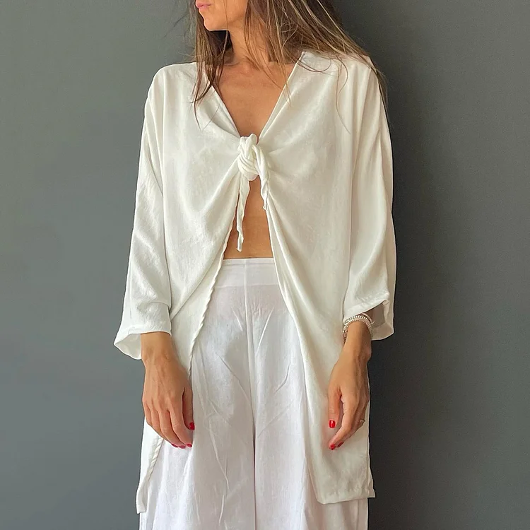 Leisure Solid Color Cotton And Linen Knotted Design Shirt
