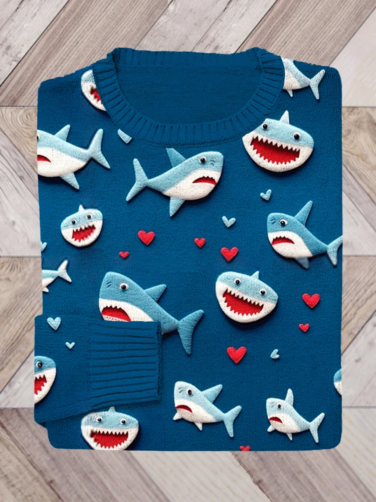 Valentine Gift Love Heart Shark Art Print Knit Sweater