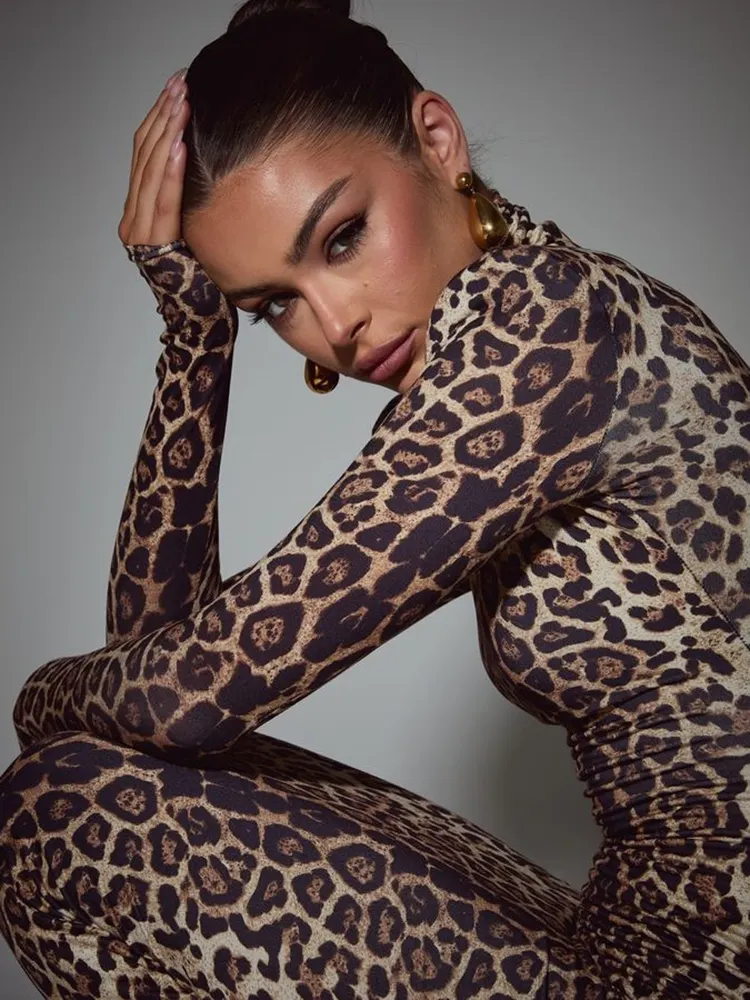 Leopard Print Long Sleeve Sexy Maxi Dress For Women Autumn Winter Fashion Elegant Turtleneck Printed Bodycon Long Dress 