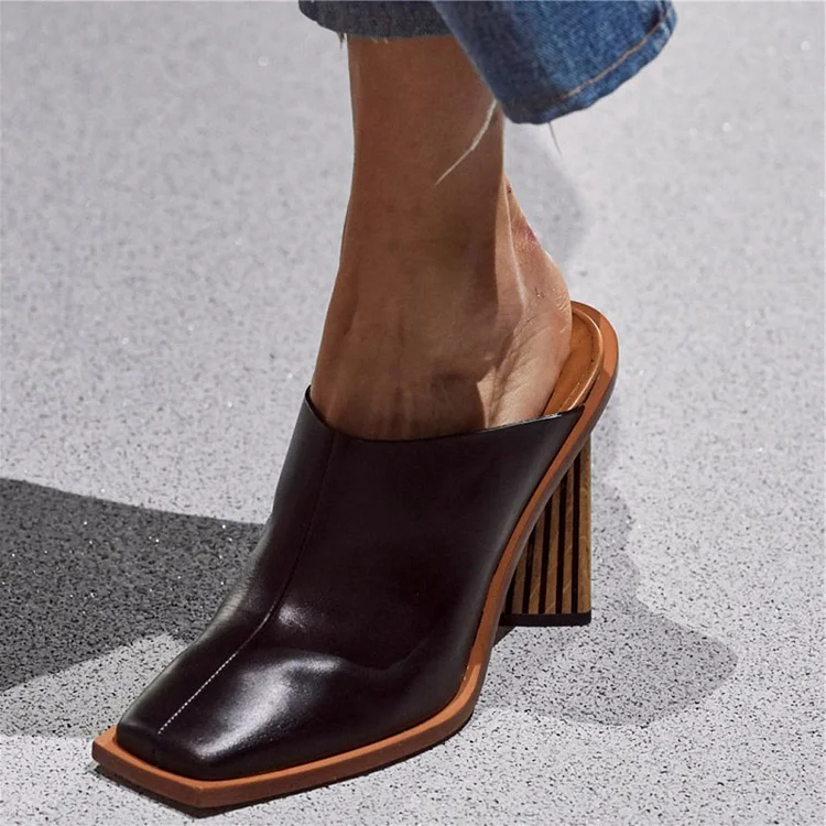Black Square Toe Chunky Heel Mule Loafers for Women |FSJ Shoes