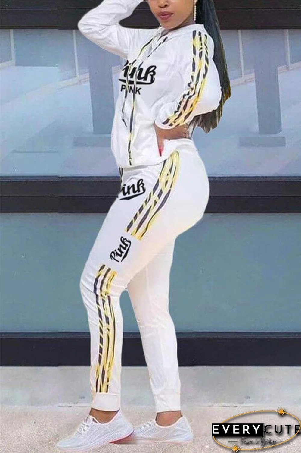 Casual Letter Print Hooded Collar Two Pieces