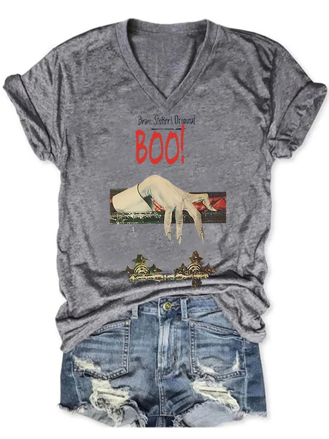 Women's Casual Vintage Halloween Boo Printed Short Sleeve T-Shirt socialshop