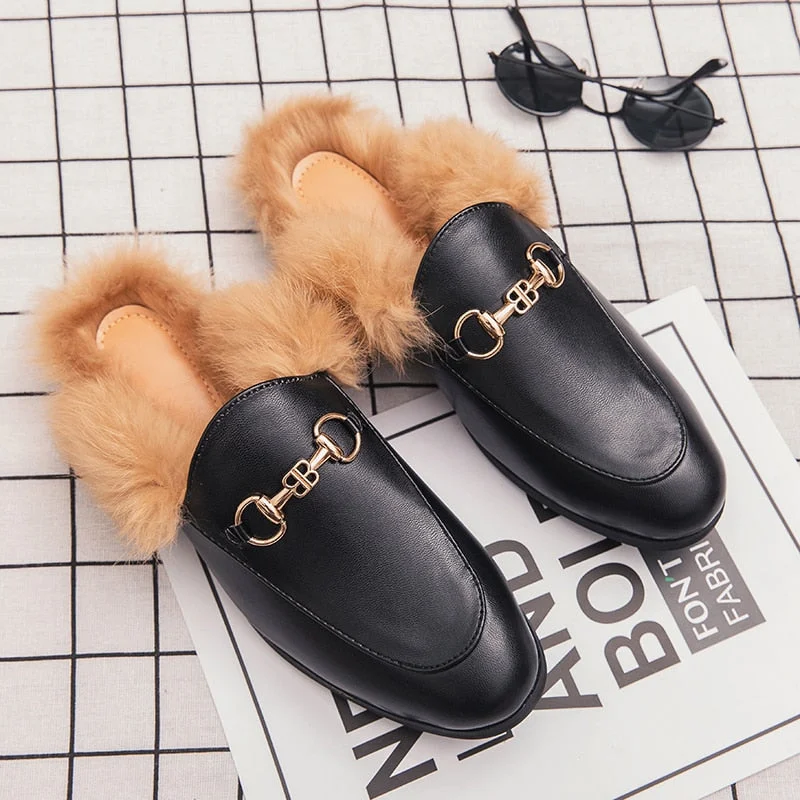 Fur Loafers Slipper Half Shoes For Men Luxury Designer Flats Winter Zapatillas Hombre Casual Shoes Sapato Social Masculino Mules