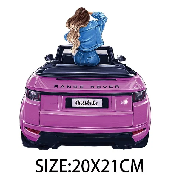 Pretty Girl&Car Iron On Transfer For T-shirt DIY Washable Thermal Sticker Fashion Design Patches On Clothes Appliqued Decoration