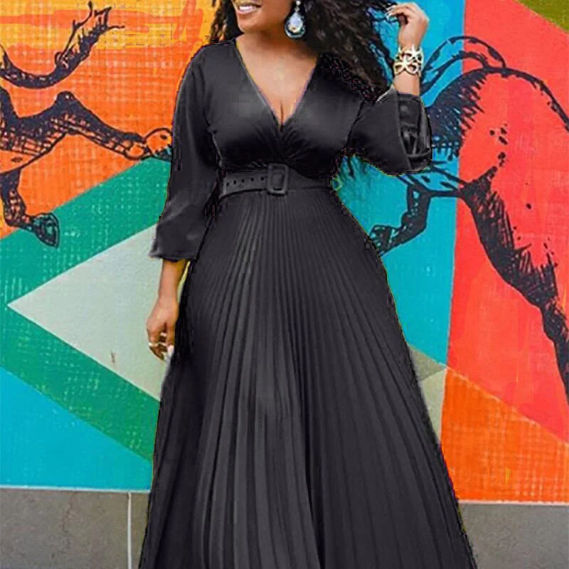 Uveng Uveng High-Rise Thin Solid Color Temperament Vintage Chiffon Long Sleeve Dress Dress (Girt)