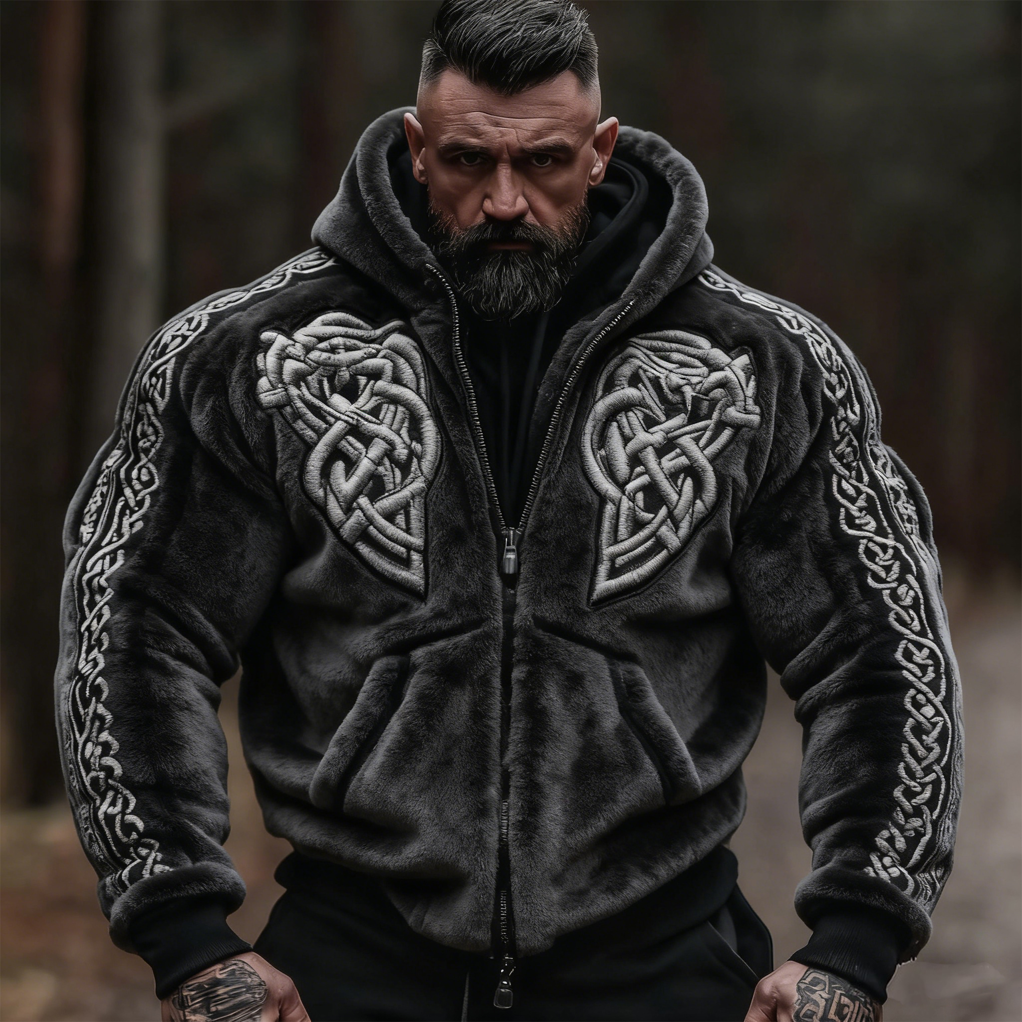 Men's Retro Viking Celtic Knot Design Plush Zip-up Hoodie elevenforest