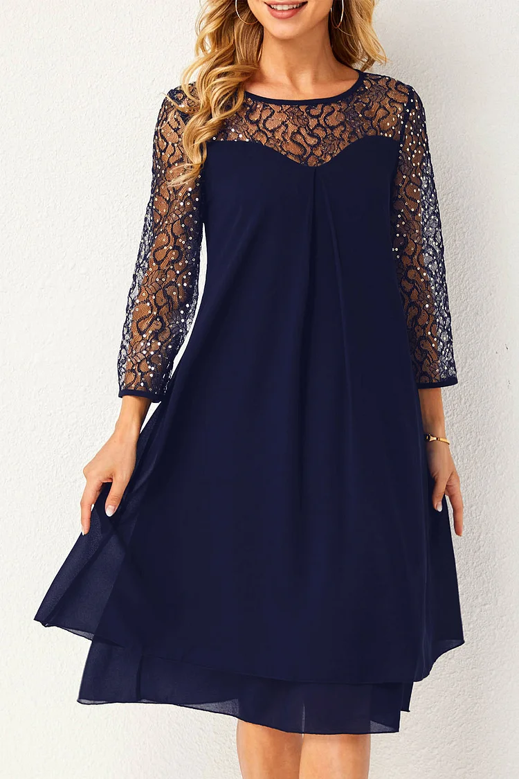 Flycurvy Plus Size Casual Navy Blue Chiffon Mesh Drilling Lace Patchwork Fitted Waist Midi Dress  Flycurvy [product_label]