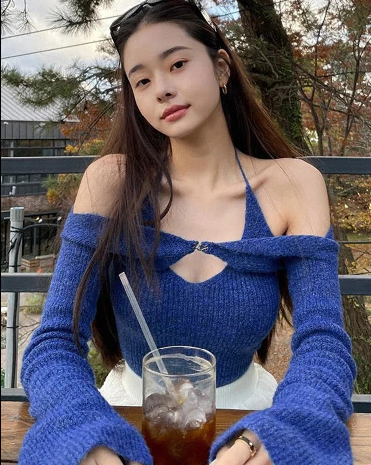 Billlnai 2023  Graduation Party   Fashion Elegant Women T-Shirts Solid Knit Slim Stretch Halter Flare Sleeve Two Piece Top Female Streetwear Sweet Cute