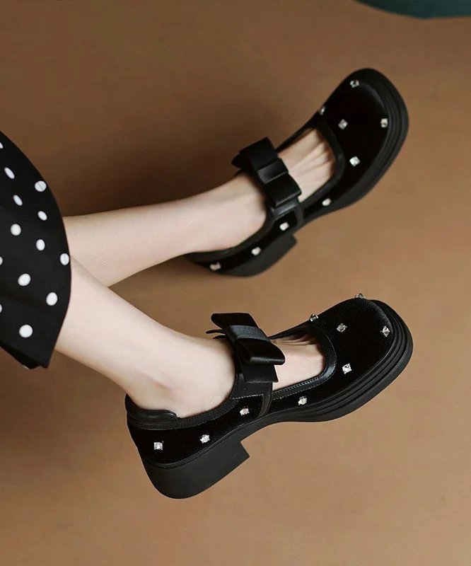 Fashion Black Bow Splicing Nail Bead Buckle Strap Chunky High Heels