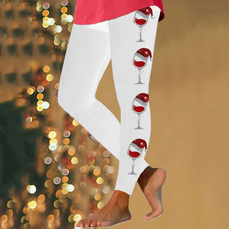 Christmas Wine Glass Printed Casual Leggings