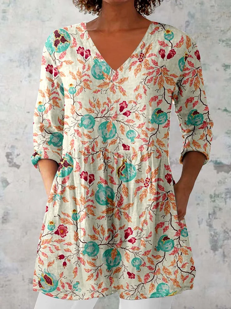 Women's Classic Round Neck Floral Pattern Cotton and Linen Top