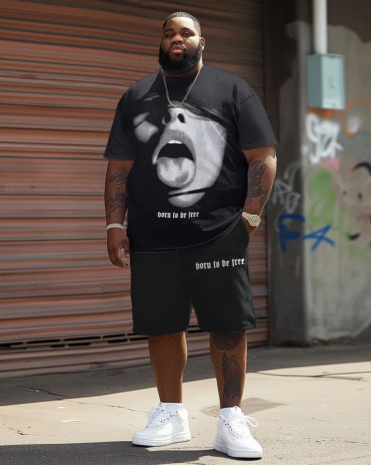 Men's Plus Size Street Casual Slogan Printed T-Shirt Shorts Suit