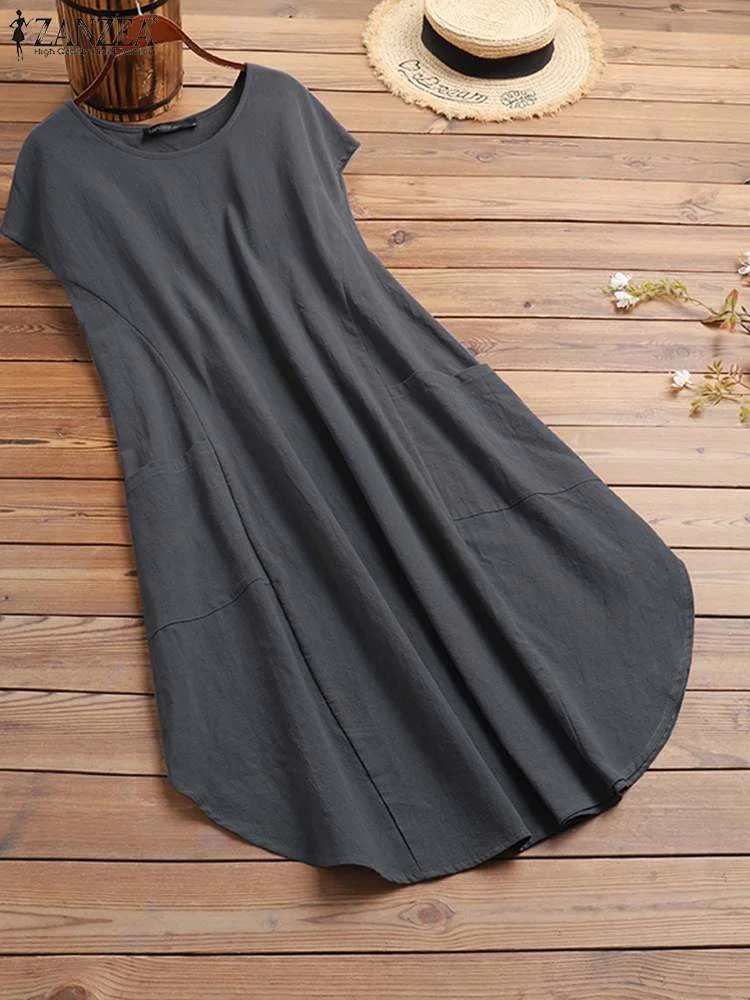 Summer Vintage Short Sleeve Solid Knee-length Dress ZANZEA Oversized Women Sundress Casual Loose Cotton Vestidos Beach Dresses