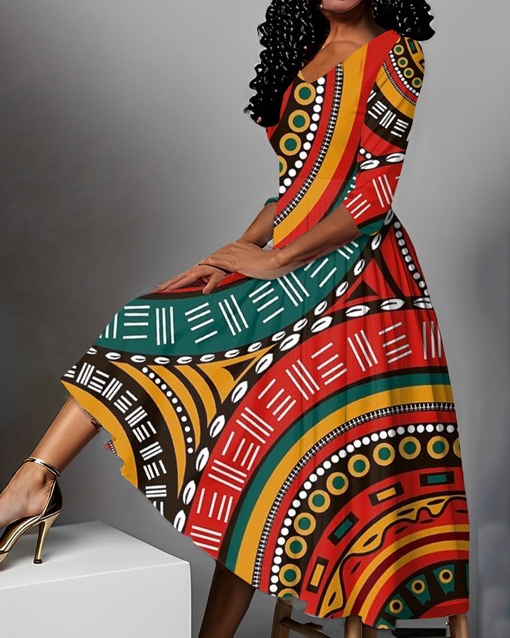 African Abstract Tribal Totem V Neck Maxi Dress
