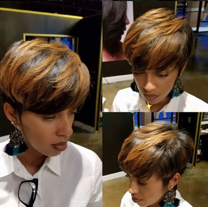 🔥Hot| Highlight Bob wig Pixie Cut Short Remy Human Hair Wig 150% Brazilian Straight Wigs For Black Women US Mall Lifes