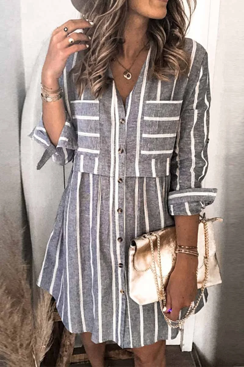 Striped Stitching High Waist Pocket Shirt Mini Dress