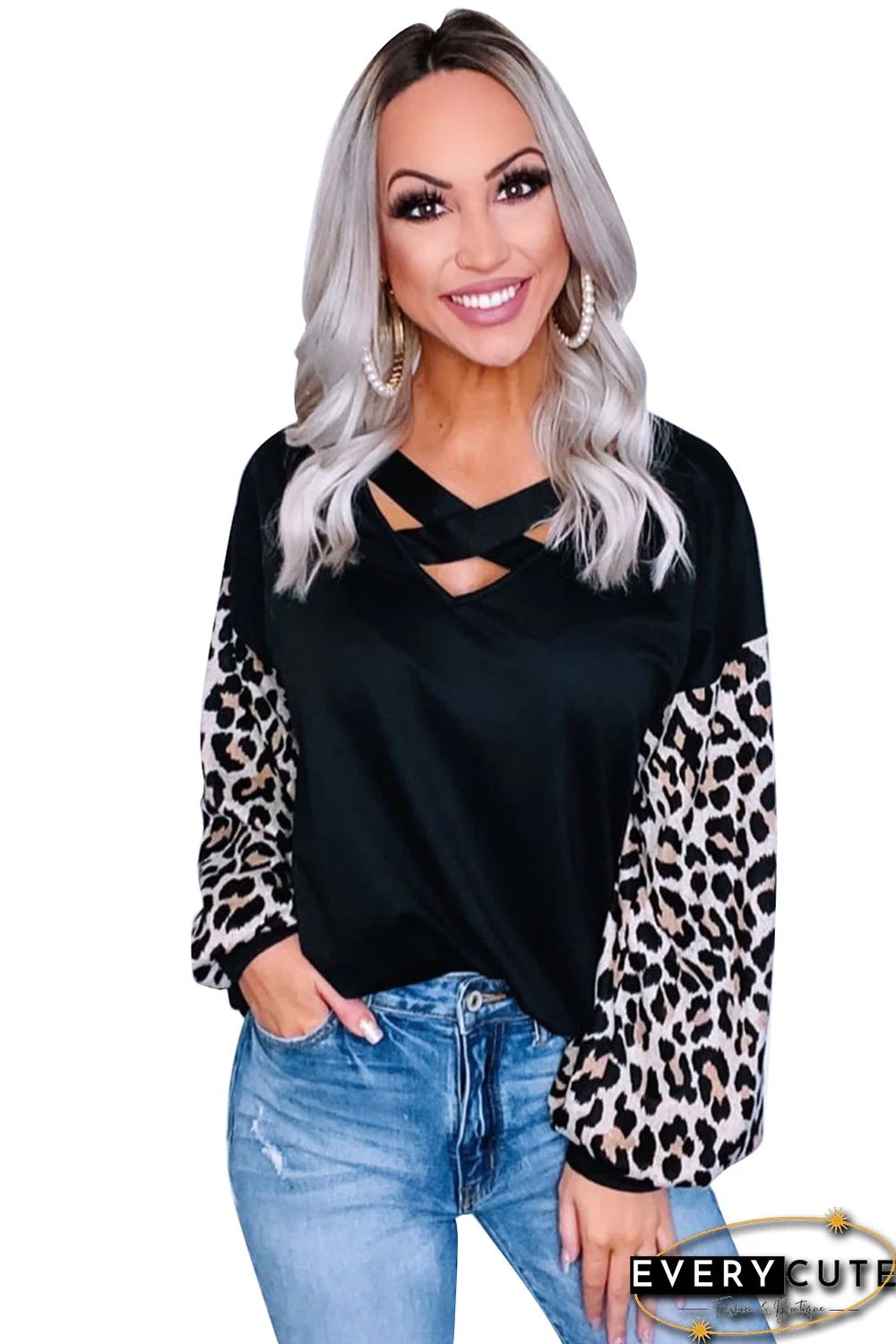 Black Crisscross V Neck Leopard Sleeve Blouse