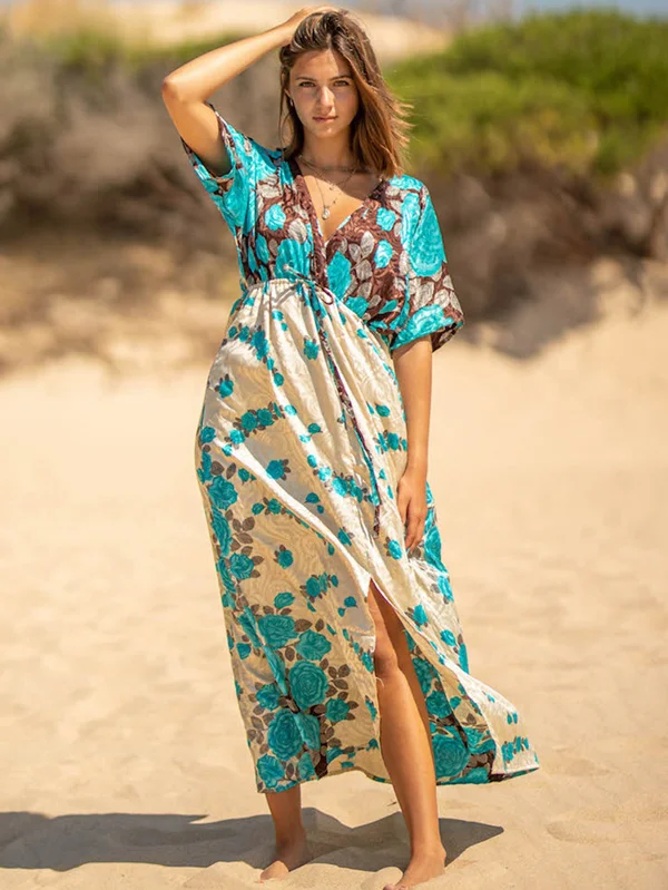 Short Sleeve Floral V-Neck Drawstring Midi Dress Cover-Up Swimwear