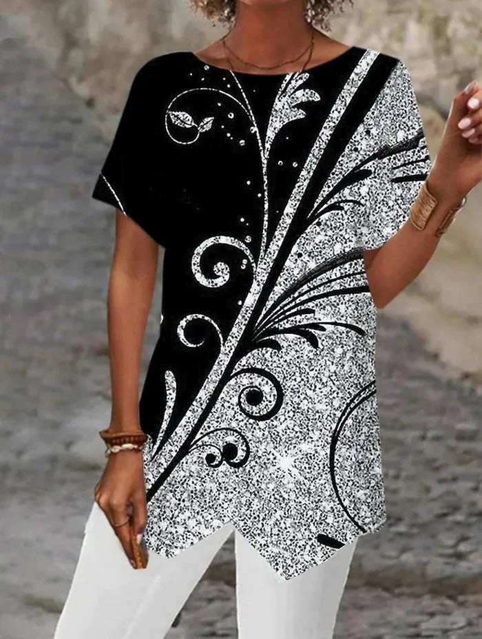 Uveng Geometric Print Loose Sleeve Irregular Blouses