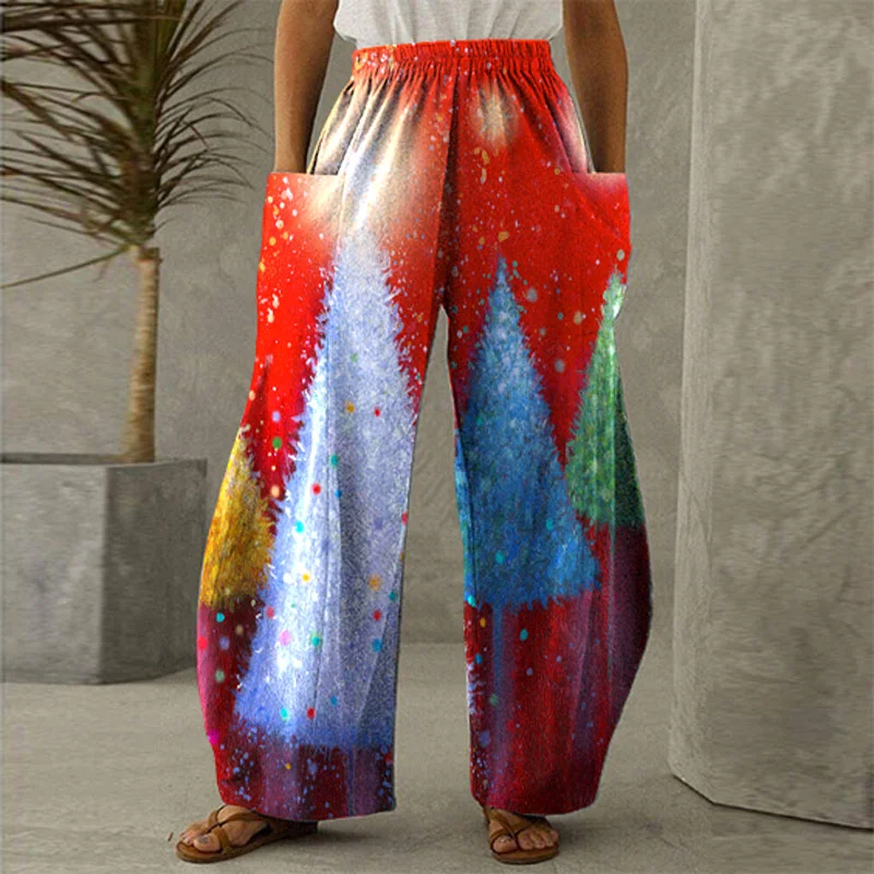 Various Christmas Trees Style Women All-red Wide Leg Pants