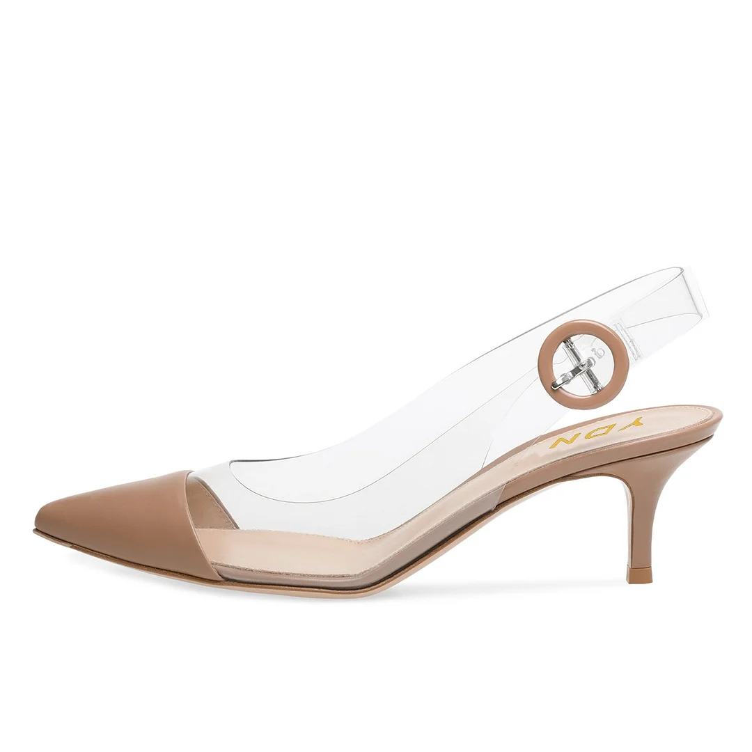 Nude Kitten Heel Buckle Clear Strap Pumps Shoes with Slingback