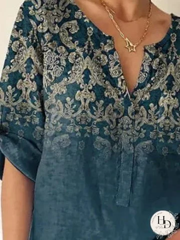 Women's Casual Printed Blouse with V-Neck