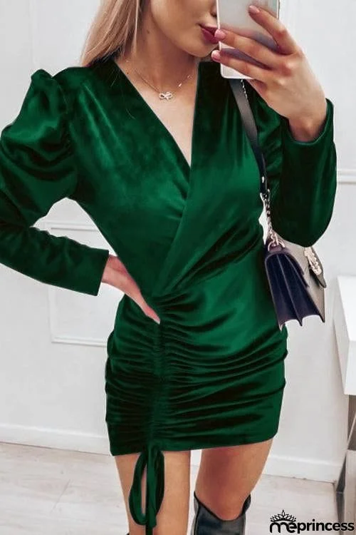 Velvet Drawstring Puff Sleeve Dress