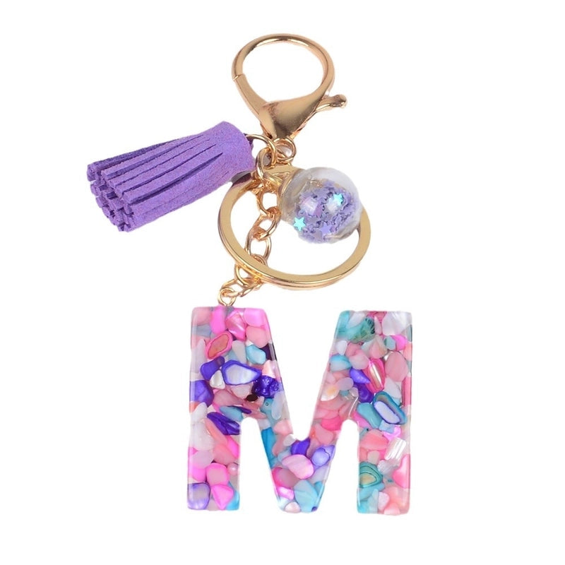 Fashion Style 26 English Letters Keychain Crystal Epoxy Color Stone Letter Tassel Pendant Bag