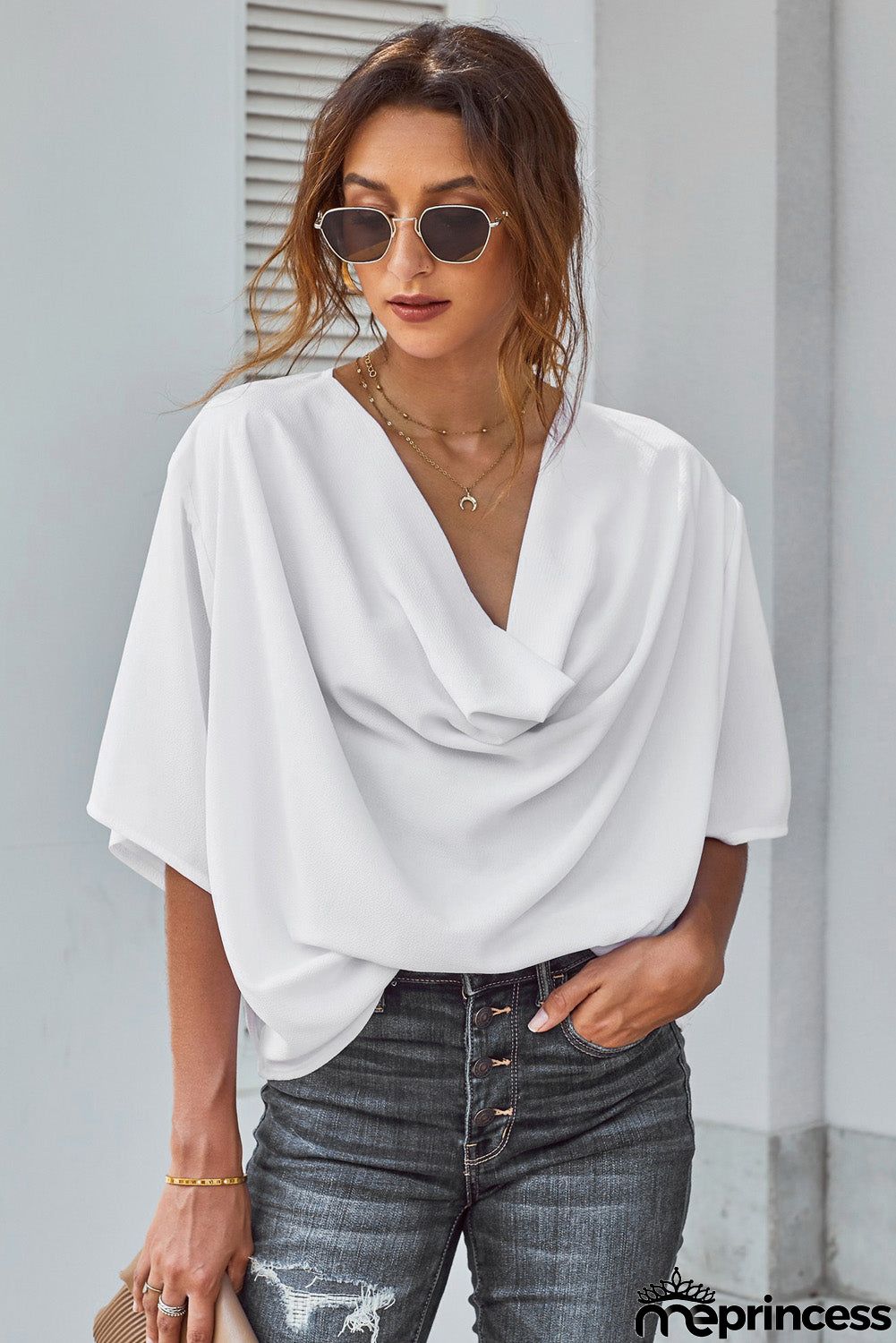 White Draped Short Sleeve Chic Blouse