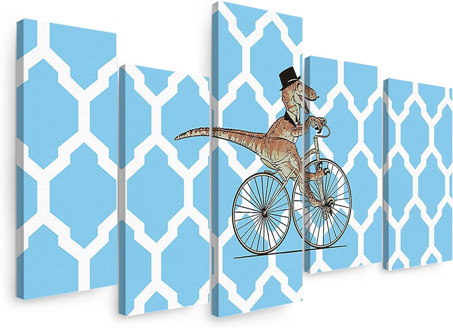 Sunteeny Canvas Wall Art 5 Piece Set for Living Room, Dinosaur With Moroccan Texture Sky Blue Picture Wall Decor Canvas Print Painting for Bathroom, Bedroom, Dining Room, Office, 8&#034;x16&#034;x4pcs, 8&#034;x24&#034;x1pc