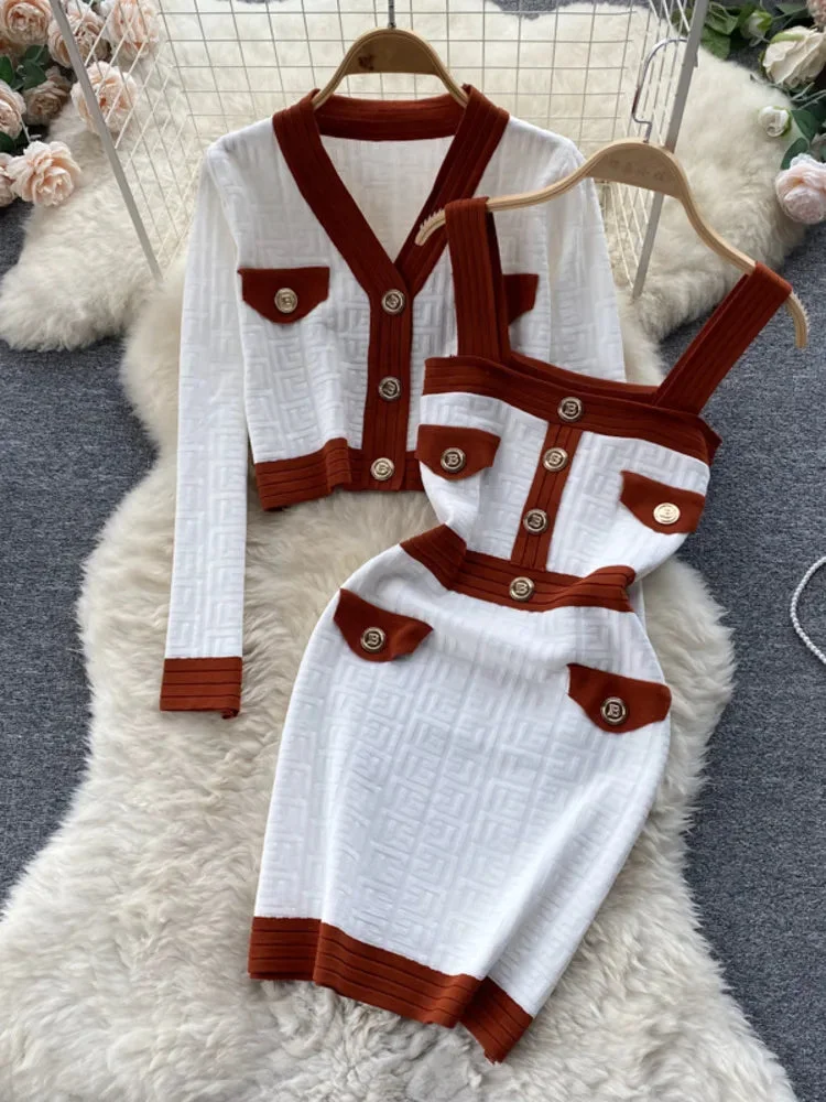 Huiketi New Women's Dresses Knitwear Suits Small Fragrance Knitted Cardigan Coat + Suspender Knit Dress Streetwear Two Piece Sets