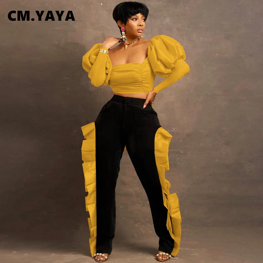 CM.YAYA Women Two 2 Piece Set Pull Long Sleeve Backless Crop Tops and Ruffles Side Patchwork Pants Matching Set Outfit Tracksuit