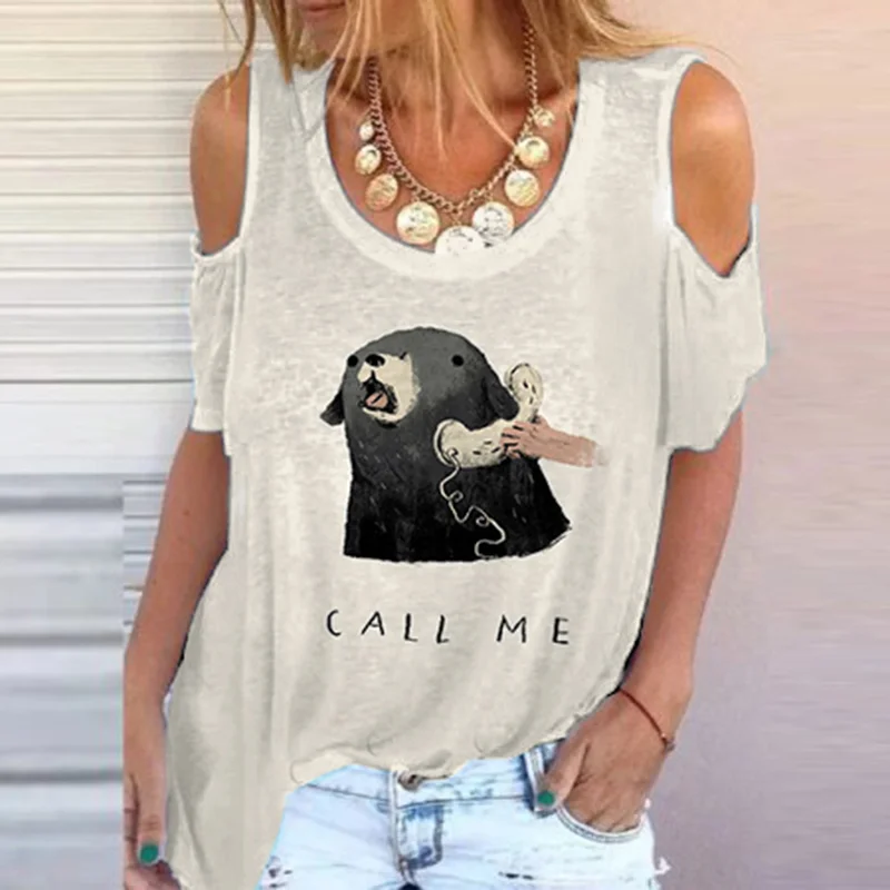 Call Me Puppy Print Off-The-Shoulder T-Shirt
