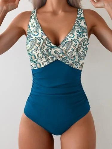 V Neck Ruched Wrap Tummy Control One Piece Swimsuit