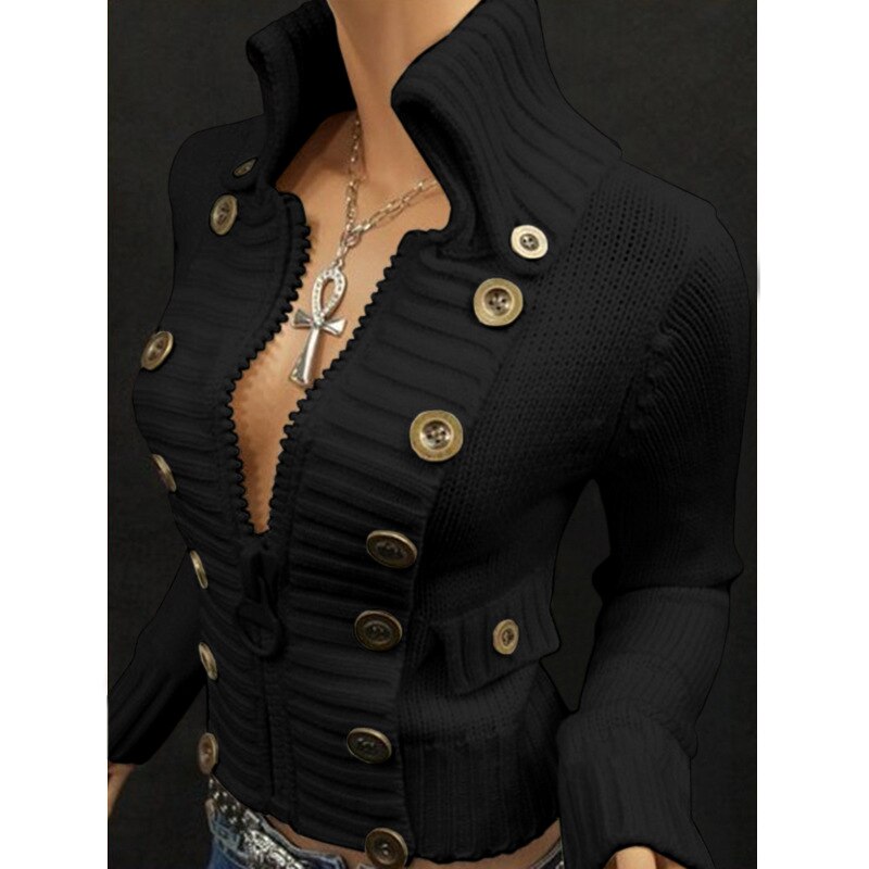 Buttons Top High Collar Zipper Solid Color Cardigan