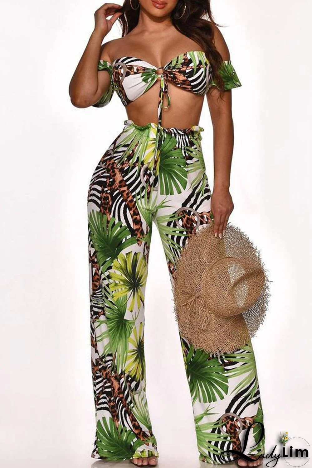 Cyan Fashion Sexy Print Bandage Backless Strapless Two Pieces