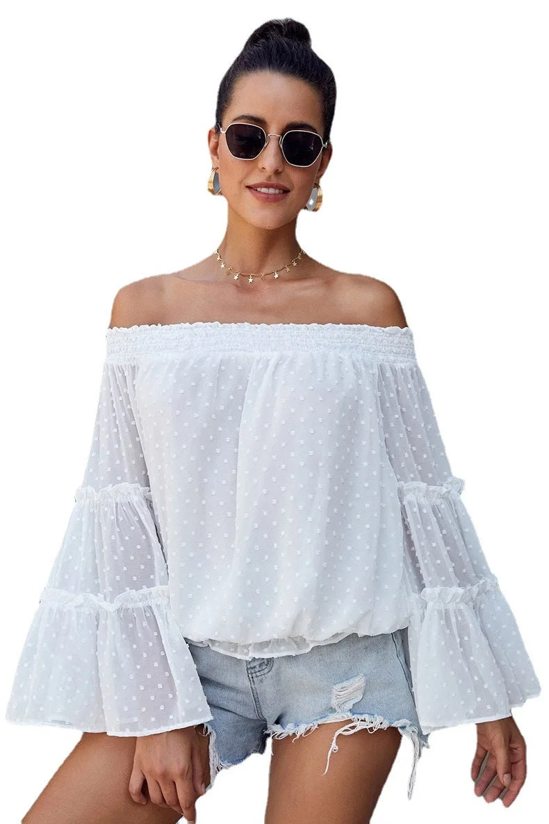 Uveng Long Dot Sleeve Chiffon Off-shoulder Off-the-neck Hollow-out Loose Top