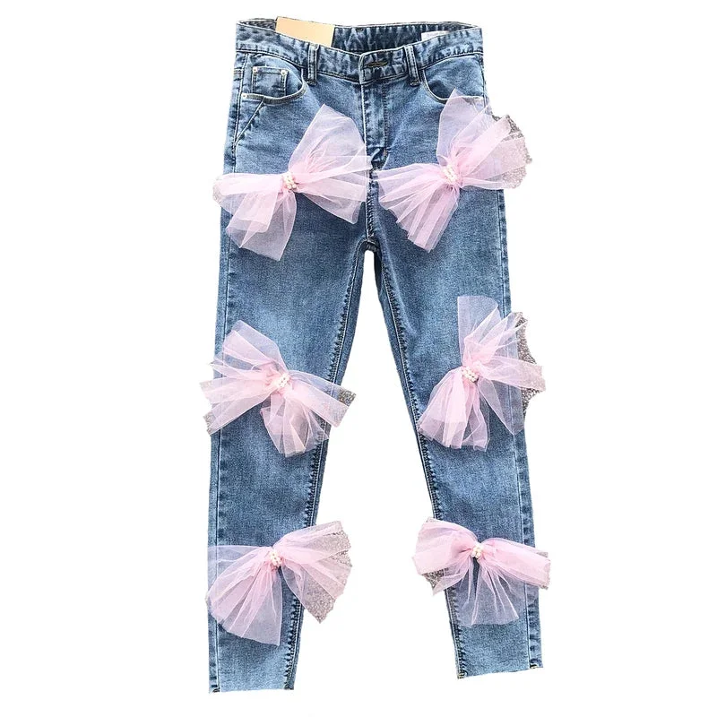 Huibahe Women's Jeans High Waist Slim Pink Mesh Bowknot Pearls Stretch Female Denim Ankle-Length Pants 2024 Summer New Fashion