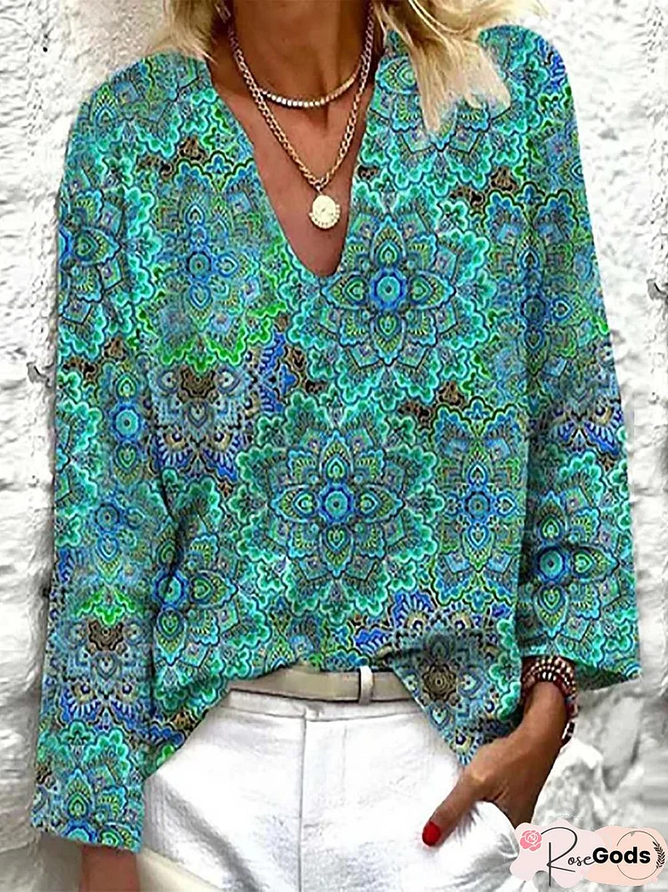 Boho Style Floral V Neck Long Sleeve Casual Shirts