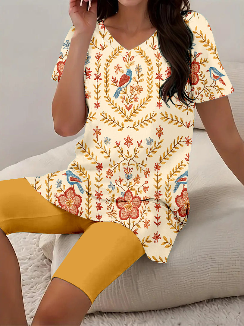 Women Long Sleeve V-neck Graphic Floral Printed Top